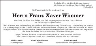 Traueranzeige Franz Xaver Wimmer