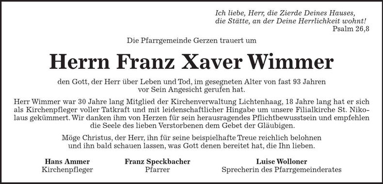 Traueranzeige Franz Xaver Wimmer