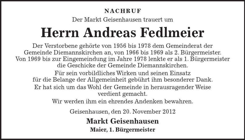 Traueranzeige Andreas Fedlmeier