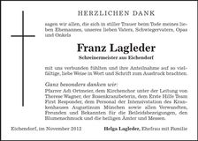 Traueranzeige Franz Lagleder