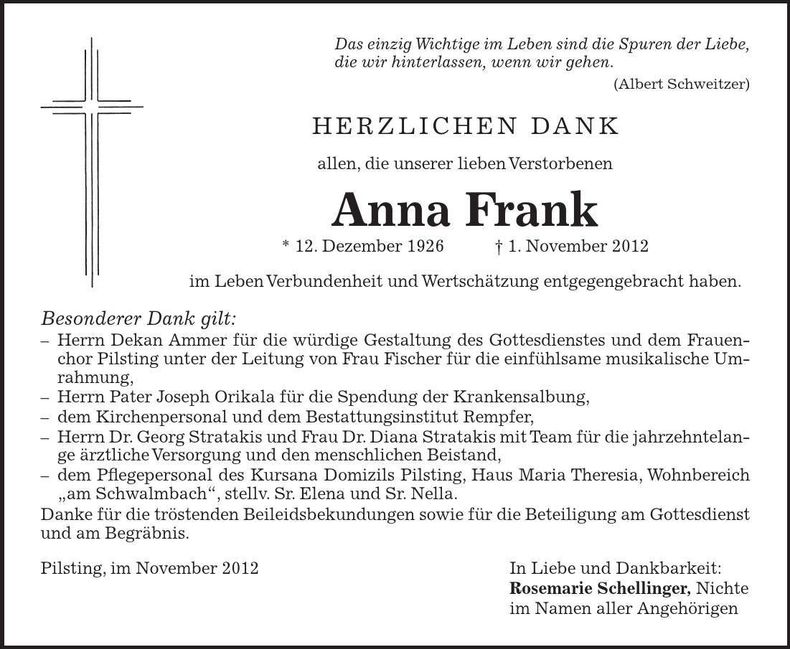 Traueranzeige Anna Frank