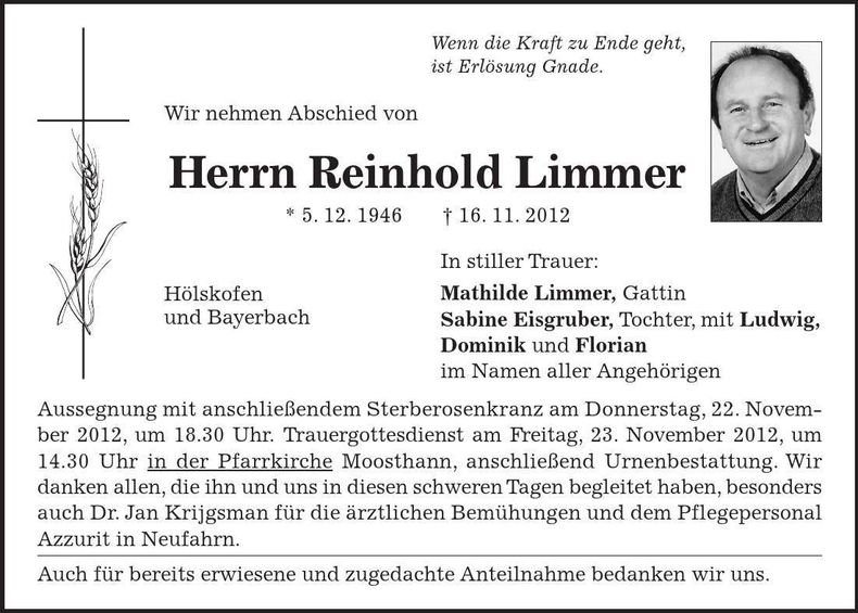 Traueranzeige Reinhold Limmer
