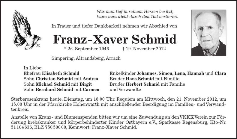 Traueranzeige Franz-Xaver Schmid