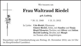 Traueranzeige Waltraud Riedel