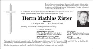 Traueranzeige Mathias Zister