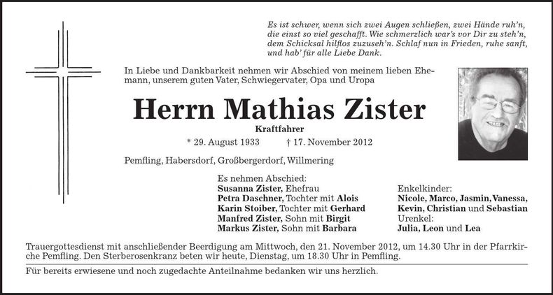 Traueranzeige Mathias Zister