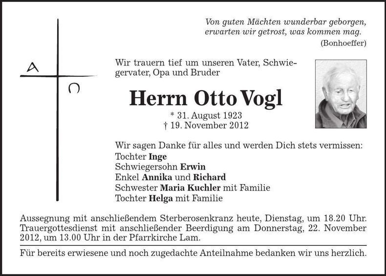 Traueranzeige Otto Vogl
