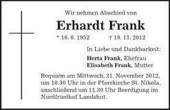 Traueranzeige Erhardt Frank