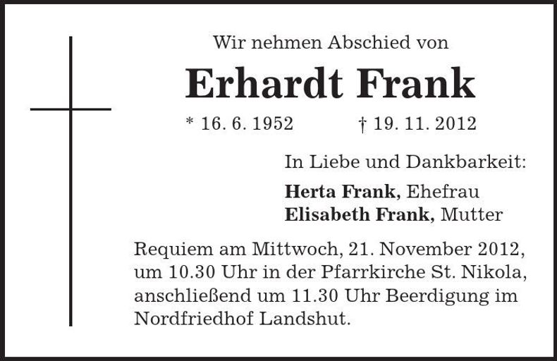 Traueranzeige Erhardt Frank