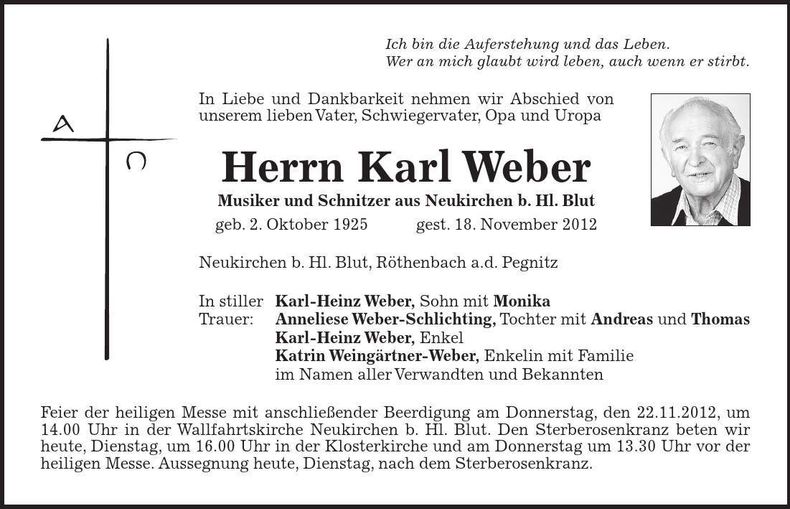 Traueranzeige Karl Weber