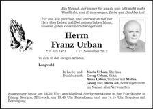Traueranzeige Franz Urban