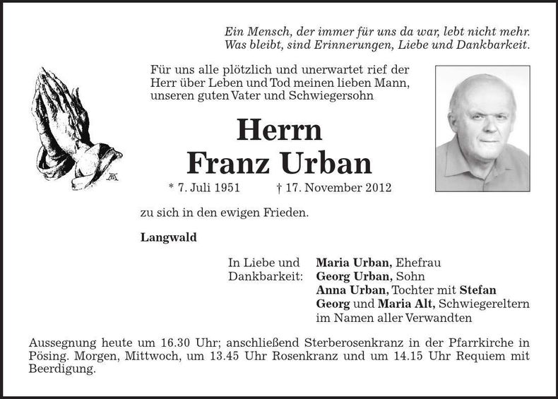 Traueranzeige Franz Urban