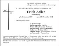 Traueranzeige Erich Adler
