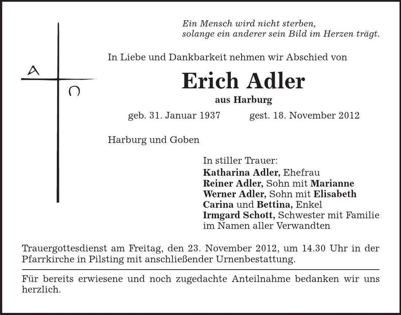 Traueranzeige Erich Adler
