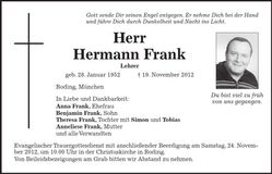 Traueranzeige Hermann Frank