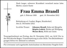 Traueranzeige Emma Brandl