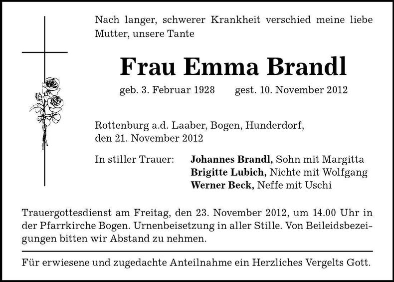 Traueranzeige Emma Brandl