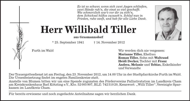 Traueranzeige Willibald Tiller