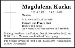 Traueranzeige Magdalena Kurka