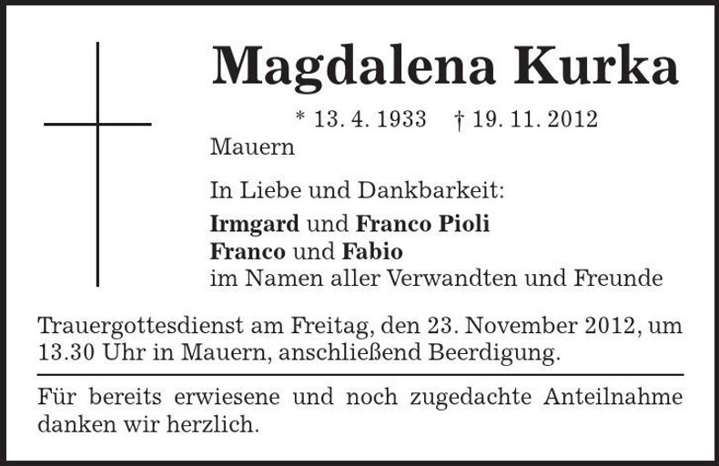 Traueranzeige Magdalena Kurka
