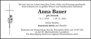 Traueranzeige Anna Bauer