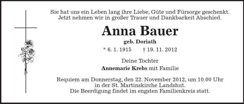 Traueranzeige Anna Bauer