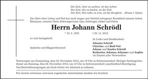Traueranzeige Johann Schrödl