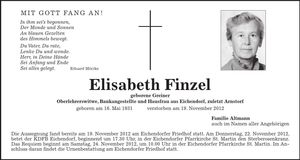 Traueranzeige Elisabeth Finzel
