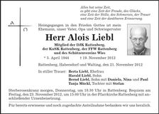 Traueranzeige Alois Liebl