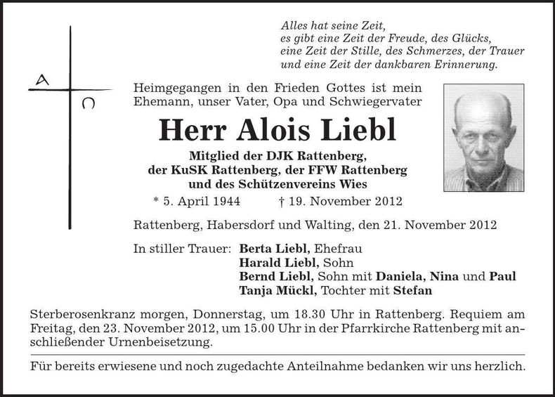 Traueranzeige Alois Liebl