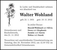 Traueranzeige Walter Wohland