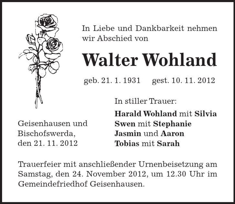Traueranzeige Walter Wohland