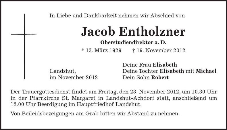 Traueranzeige Jacob Entholzner