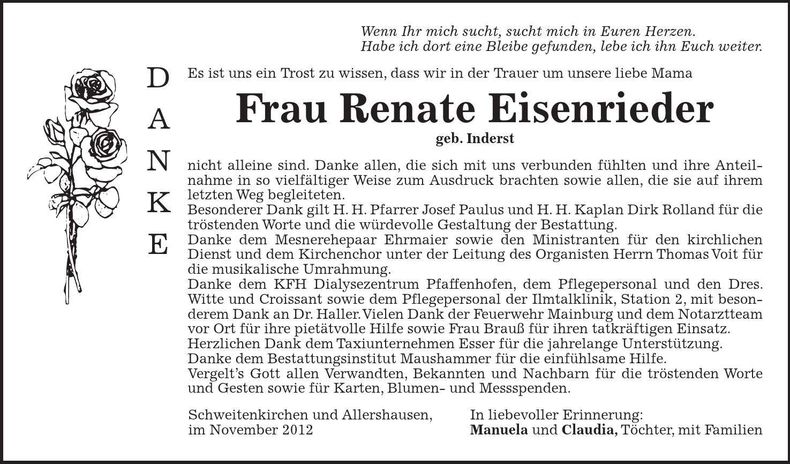 Traueranzeige Renate Eisenrieder