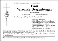 Traueranzeige Veronika Geigenberger