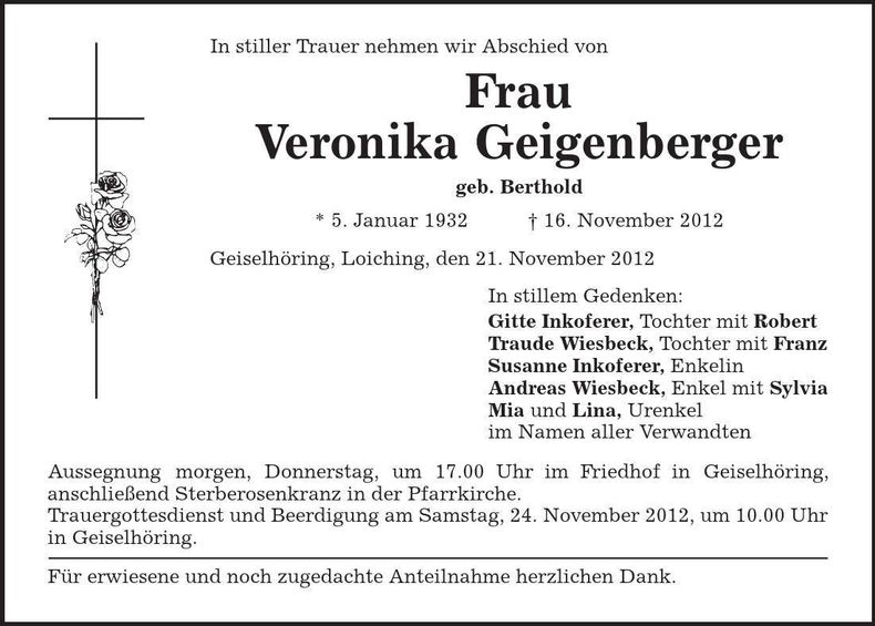 Traueranzeige Veronika Geigenberger