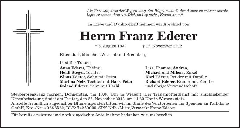 Traueranzeige Franz Ederer