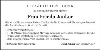 Traueranzeige Frieda Janker
