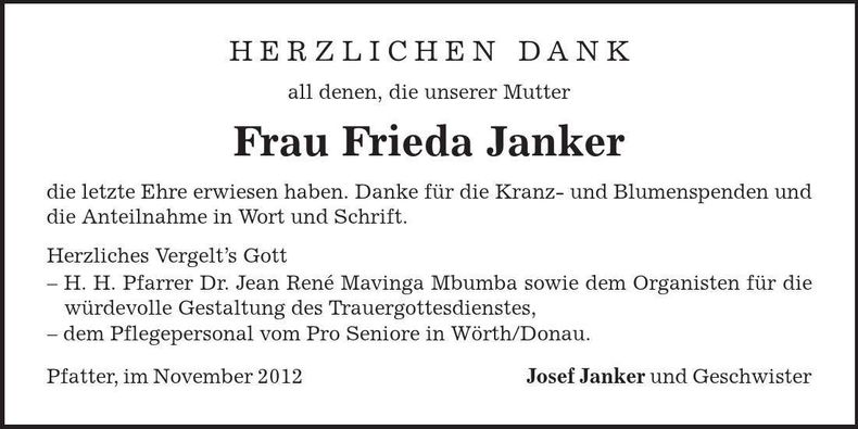 Traueranzeige Frieda Janker