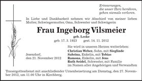 Traueranzeige Ingeborg Vilsmeier