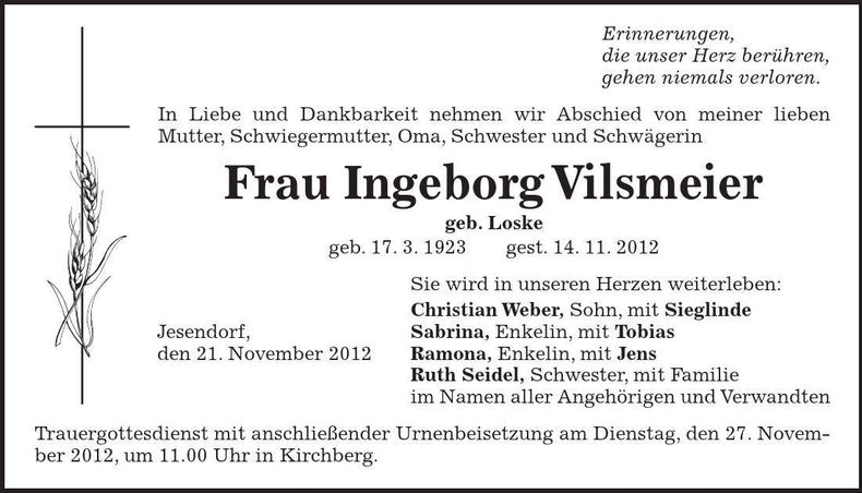 Traueranzeige Ingeborg Vilsmeier
