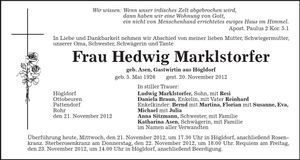 Traueranzeige Hedwig Marklstorfer