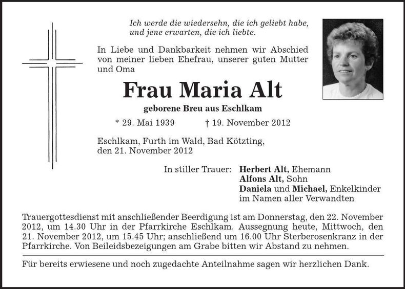 Traueranzeige Maria Alt