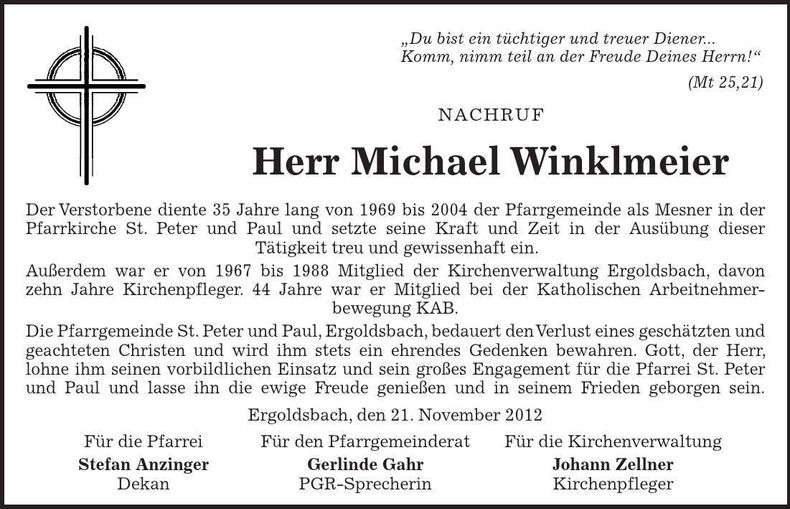 Traueranzeige Michael Winklmeier