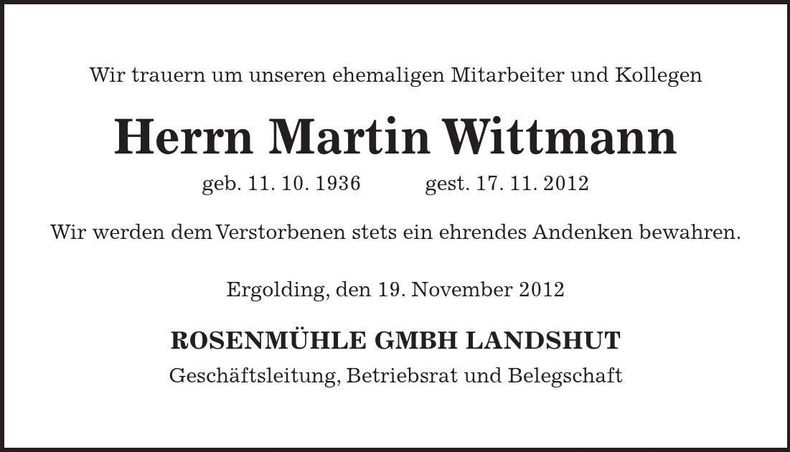 Traueranzeige Martin Wittmann