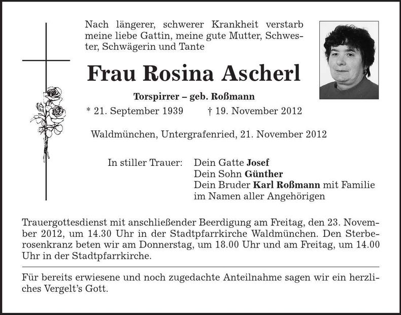 Traueranzeige Rosina Ascherl