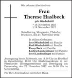 Traueranzeige Therese Haslbeck