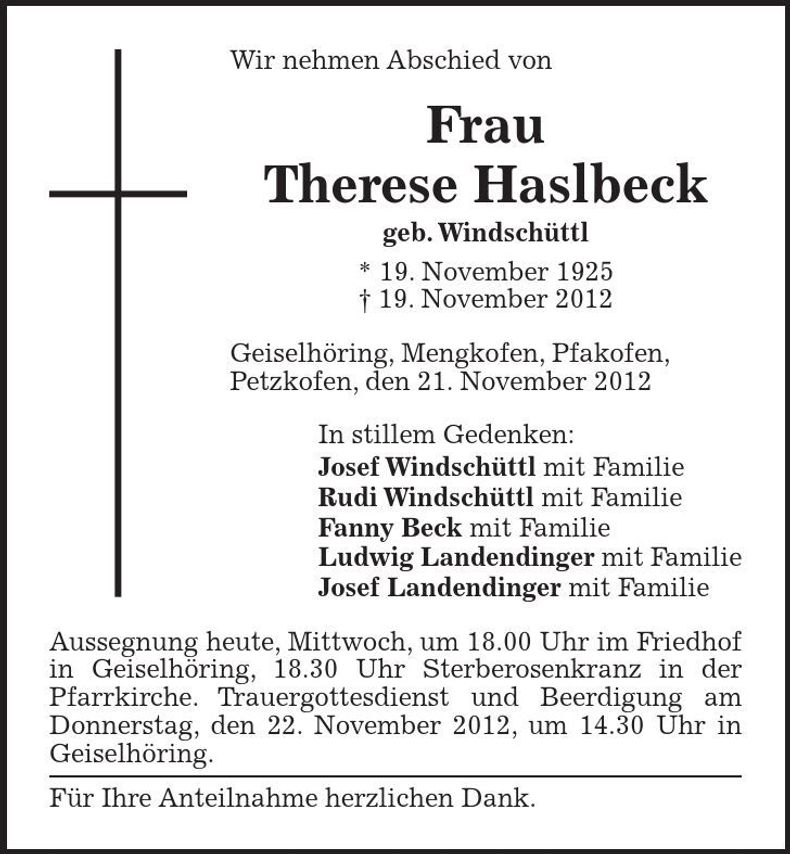 Traueranzeige Therese Haslbeck