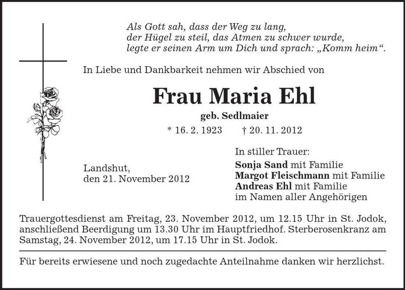 Traueranzeige Maria Ehl