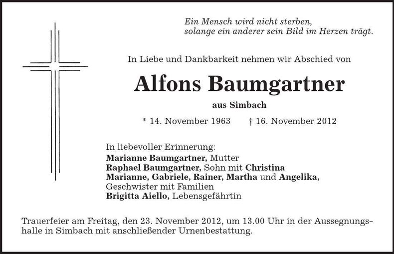 Traueranzeige Alfons Baumgartner